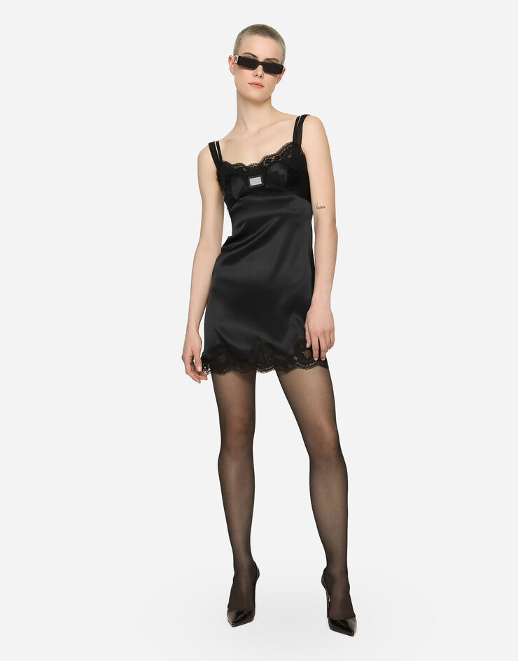 Dolce&Gabbana Kurzes Slip Dress mit Plakette Dolce&Gabbana Schwarz F6CPJTFURAG