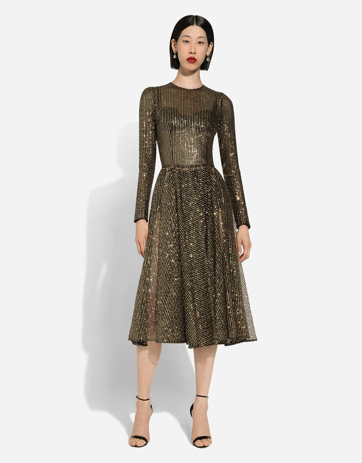 Dolce & Gabbana Pailletten-Midikleid mit langem Arm Gold F6DFTTFLSI0