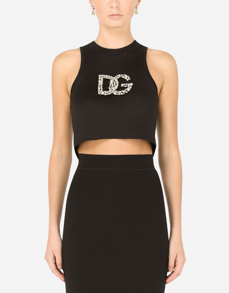 Dolce & Gabbana Cropped jersey tank top with crystal DG embellishment Black F8P57ZHU7IF