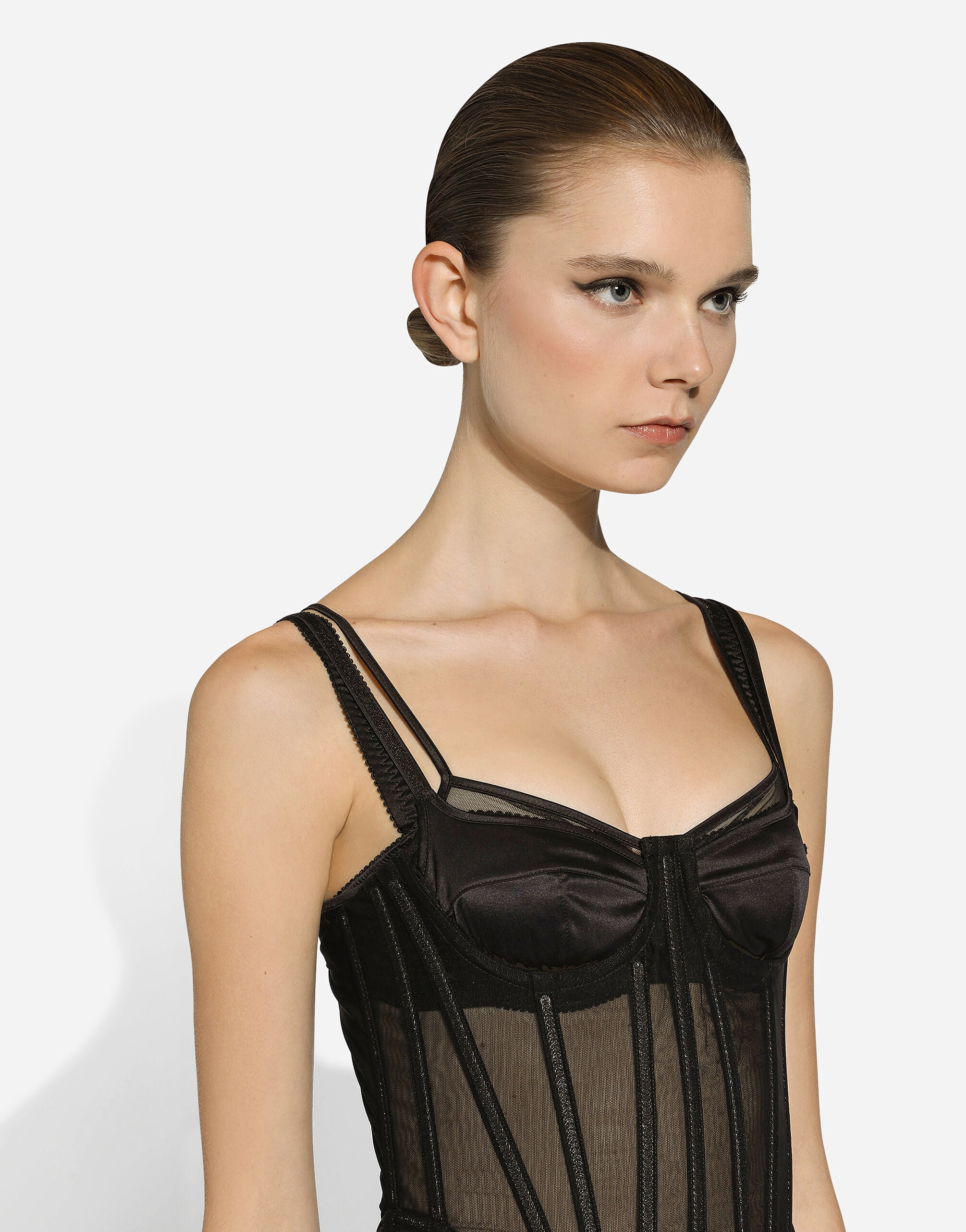 Long tulle dress with corset details in Black for Women