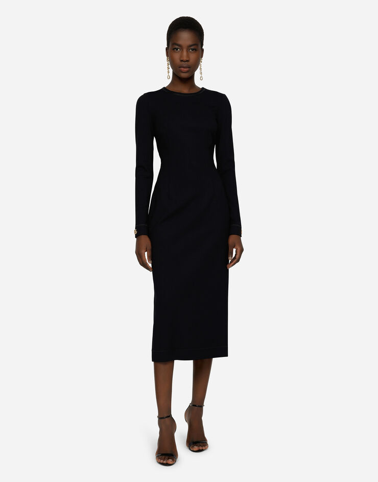 Dolce & Gabbana Long-sleeved jersey calf-length dress with DG embellishment Black F6R6MTFUGKG