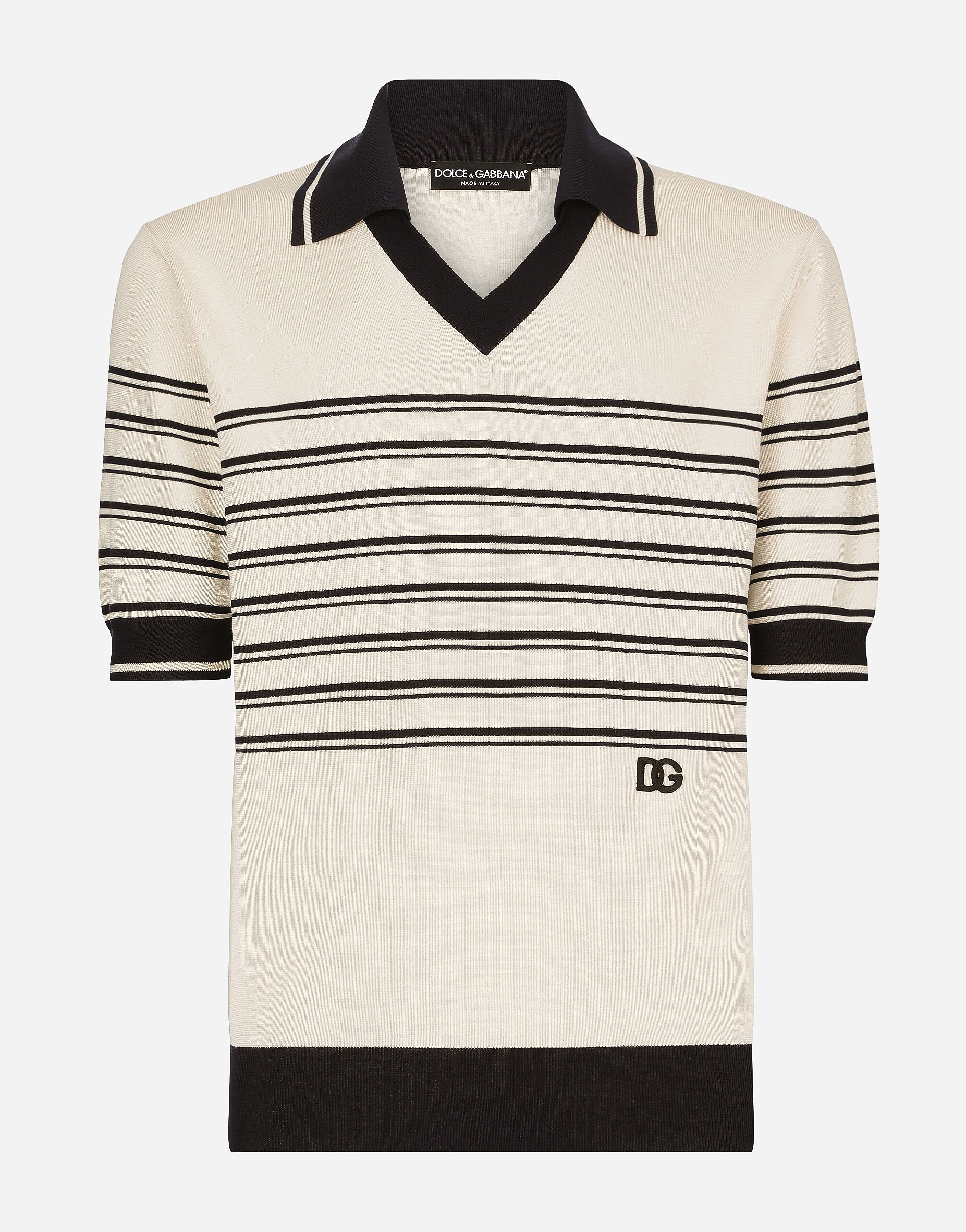 Dolce & Gabbana Striped silk V-neck polo-shirt with DG logo Brown GV1FXTHUMG4