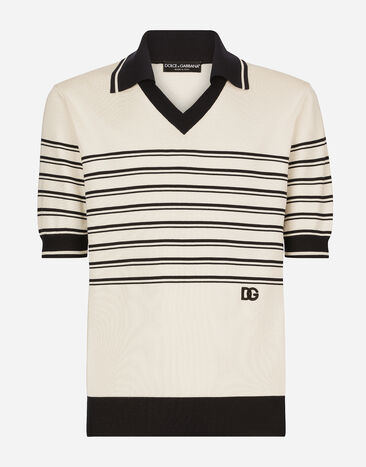 Dolce & Gabbana Striped silk V-neck polo-shirt with DG logo Brown GV1FXTHUMG4