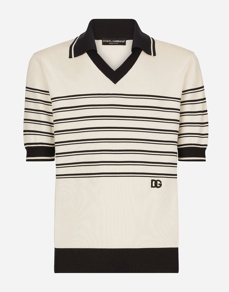 Dolce & Gabbana Striped silk V-neck polo-shirt with DG logo Cream GXZ11ZJBSG4