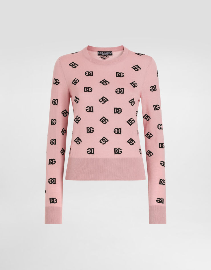 Dolce & Gabbana Wool and silk jacquard sweater with contrasting DG logo Pink FXJ34TJFMGS
