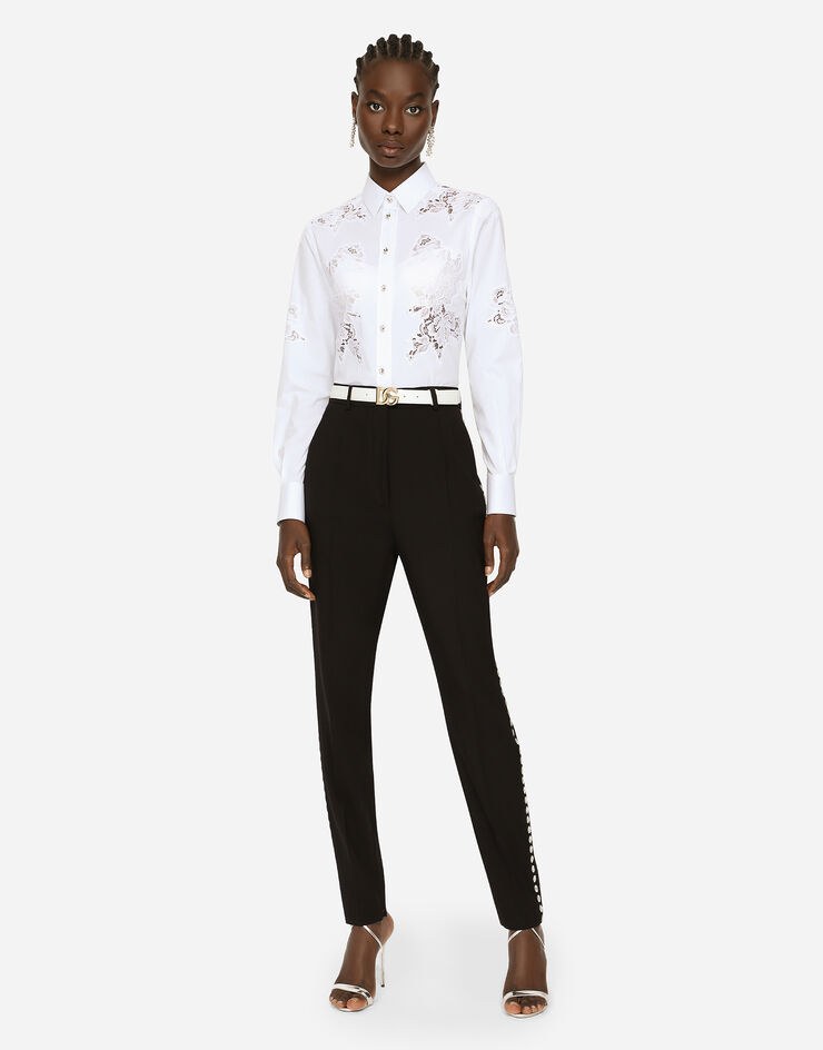 Dolce & Gabbana Camisa de popelina con entalladuras de encaje Blanco F5K35ZFUEAJ