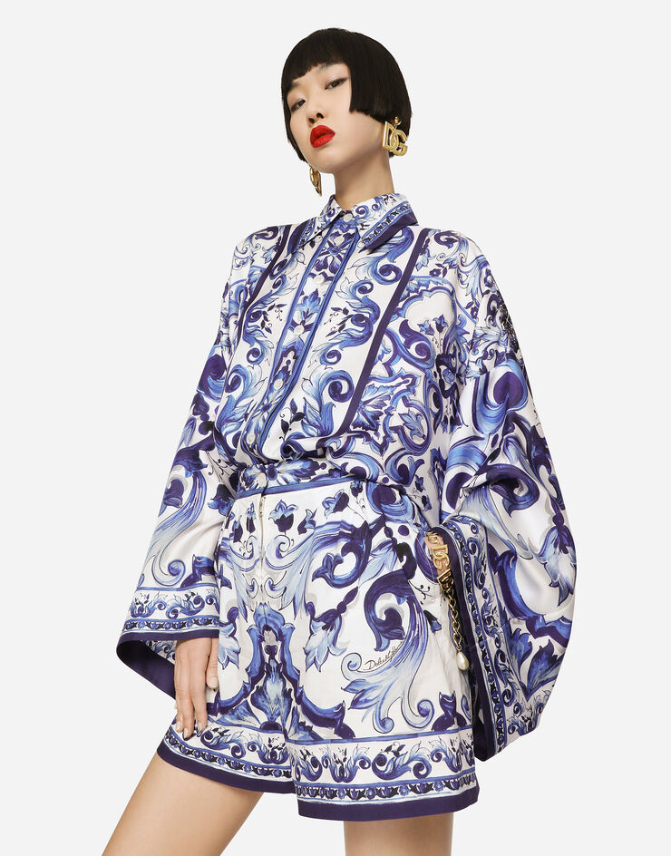 Dolce&Gabbana Camisa de sarga con estampado de mayólica con aberturas Multicolor F5O28THI1BO