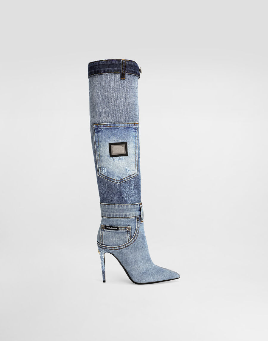 Patchwork denim boots