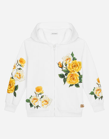 Dolce & Gabbana Kapuzensweatjacke mit Reißverschluss Print gelbe Rosen Weiss L5JTOBG7NZL