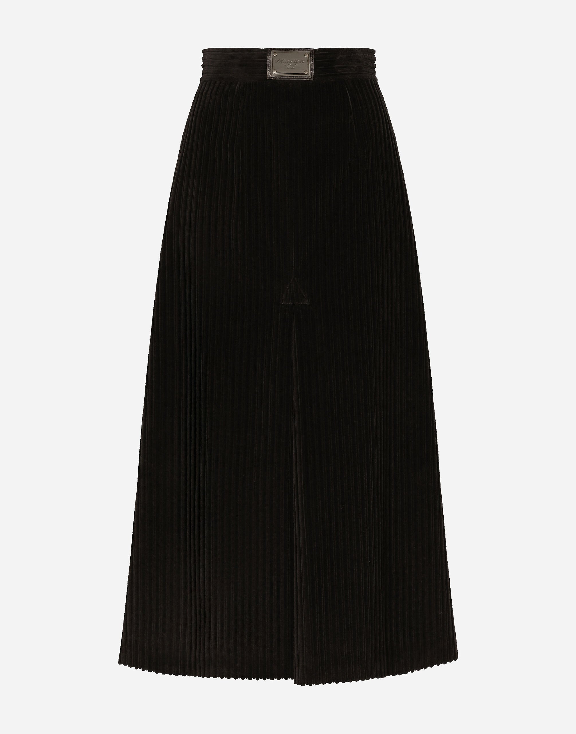 Dolce&Gabbana Long corduroy A-line skirt with logo tag Brown F4COJTFURMV