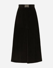 Dolce&Gabbana Long corduroy A-line skirt with logo tag Brown F4CPETFUWEU