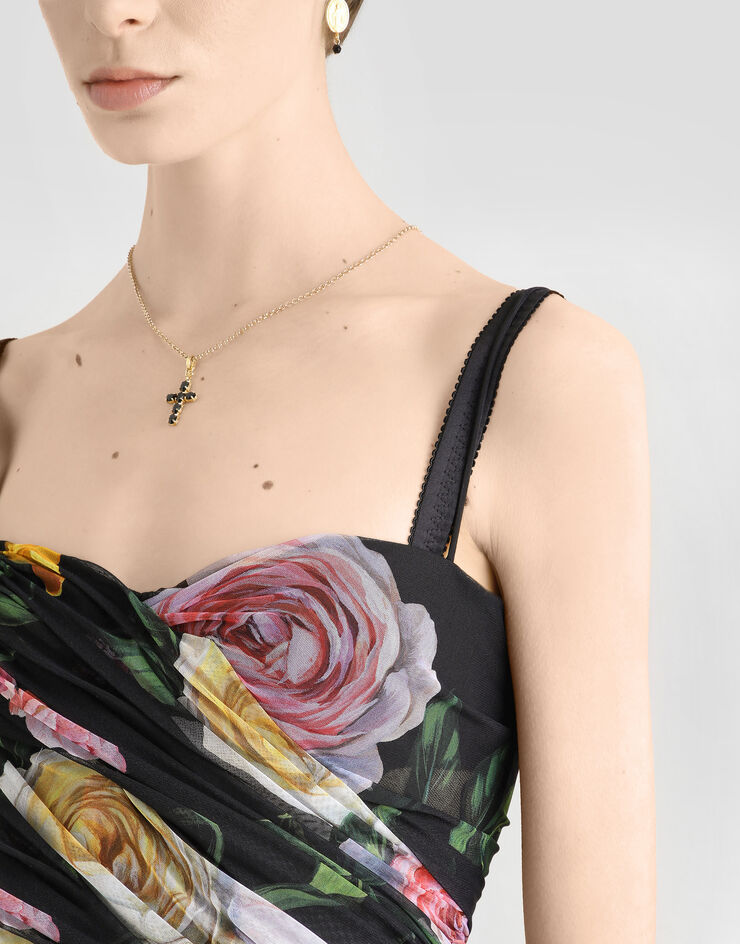 Dolce & Gabbana Vestido corto de tul drapeado con estampado de peonías y rosas Imprima F6TLETFSUBI