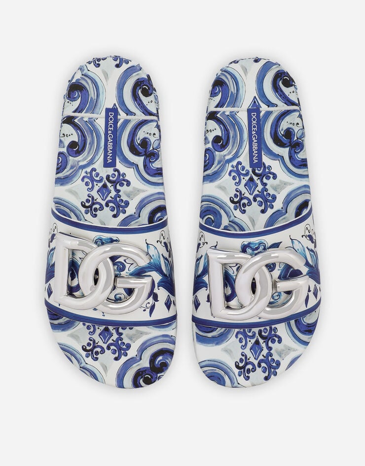Dolce & Gabbana Calfskin beachwear sliders in majolica-design rubberized calfskin Multicolor CW2059AB816