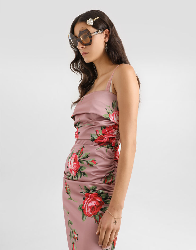 Dolce & Gabbana Rose bouquet-print satin dress Multicolor F6TYJTFSICD