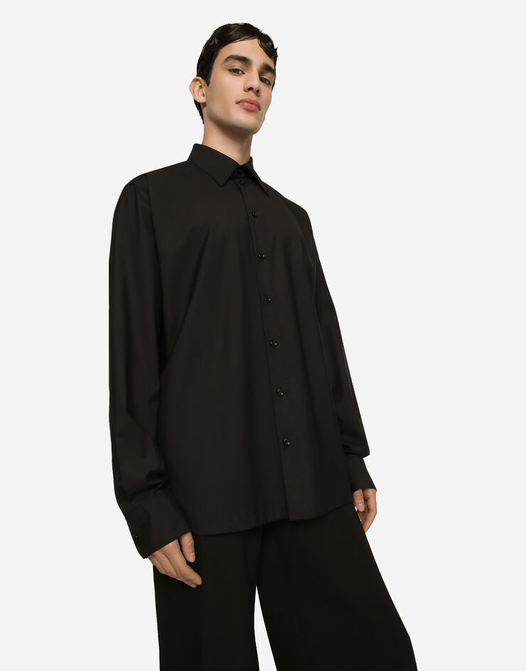 Dolce&Gabbana قميص صوف وحرير ببطاقة شعار أسود G5LE2TGG917
