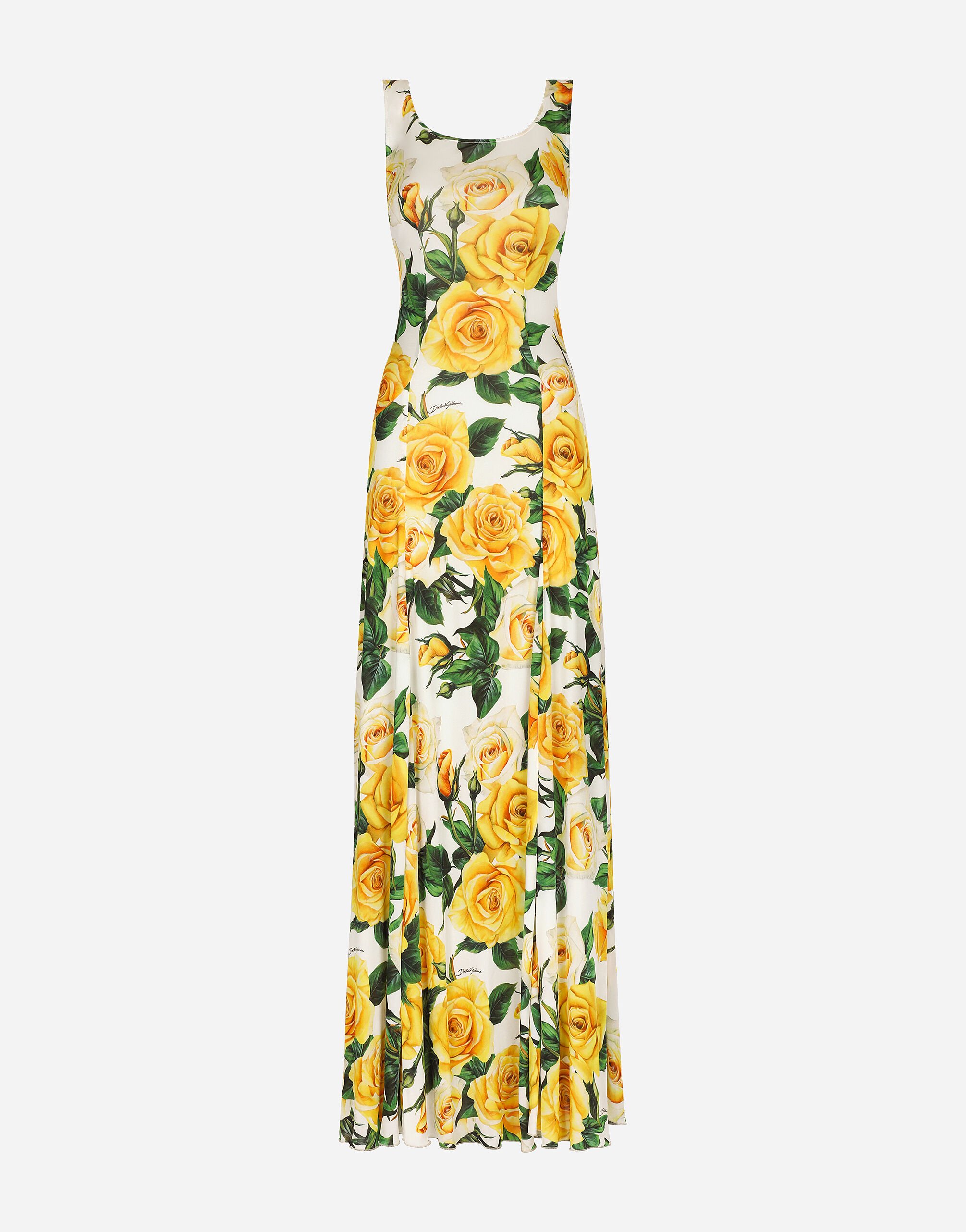 Dolce & Gabbana Long organzine round-neck dress with yellow rose print Print F6AHOTHS5NK