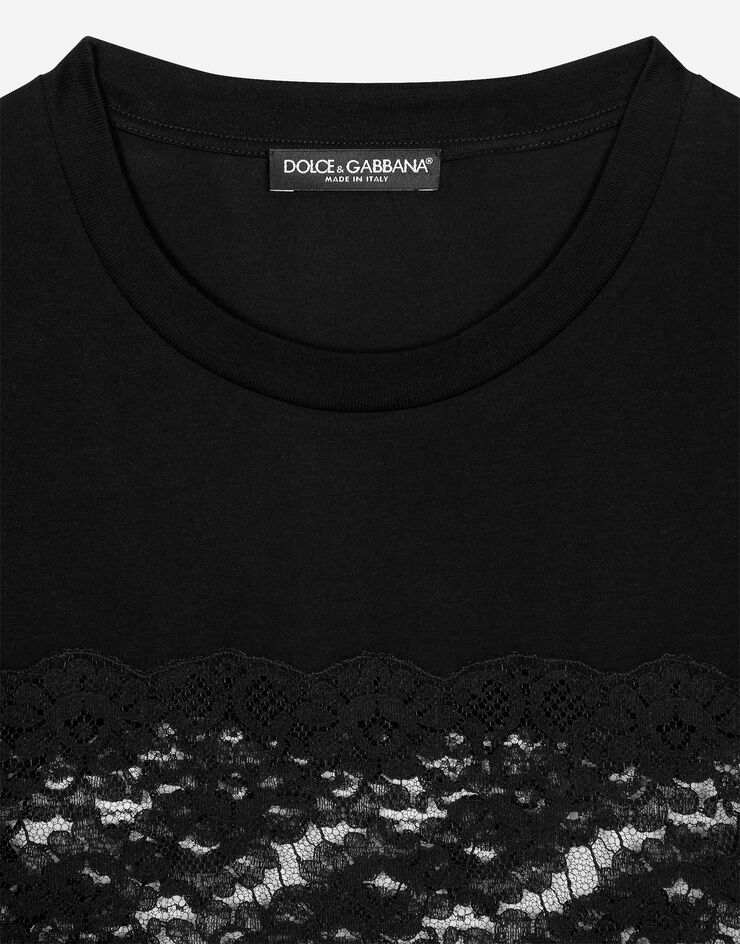 Dolce&Gabbana تيشيرت جيرسي بتطعيمات دانتيل وبطاقة بشعار Dolce&Gabbana أسود F8T43TFU7EQ