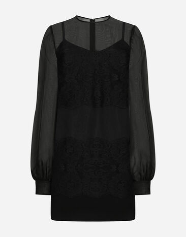 Dolce & Gabbana Vestido corto de organza con aplicaciones de encaje Negro F7AI3THLMAA