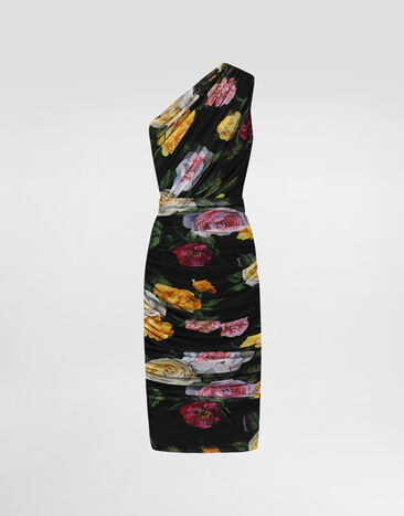 Dolce & Gabbana Longuette-Kleid im One-Shoulder-Stil aus Tüll Pfingstrosen- und Rosenprint Drucken F6AHZTFSUBI