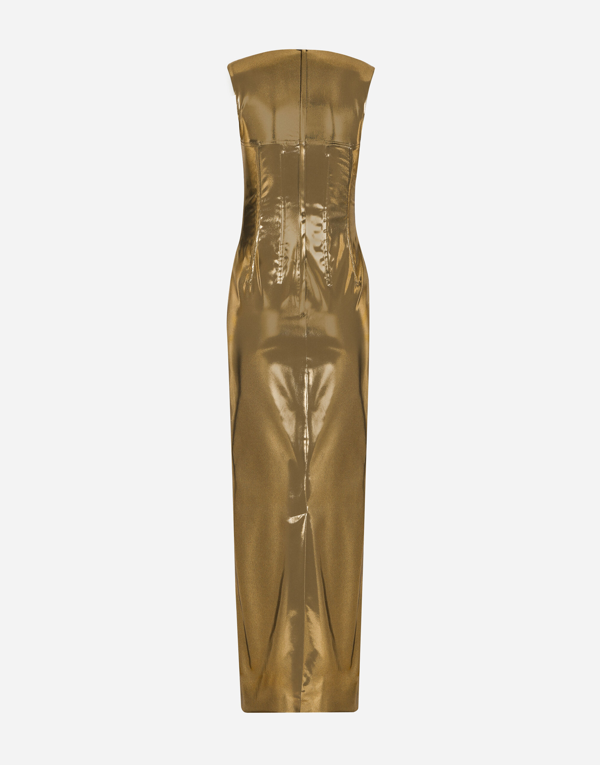 Long foiled satin corset dress in Gold for Women