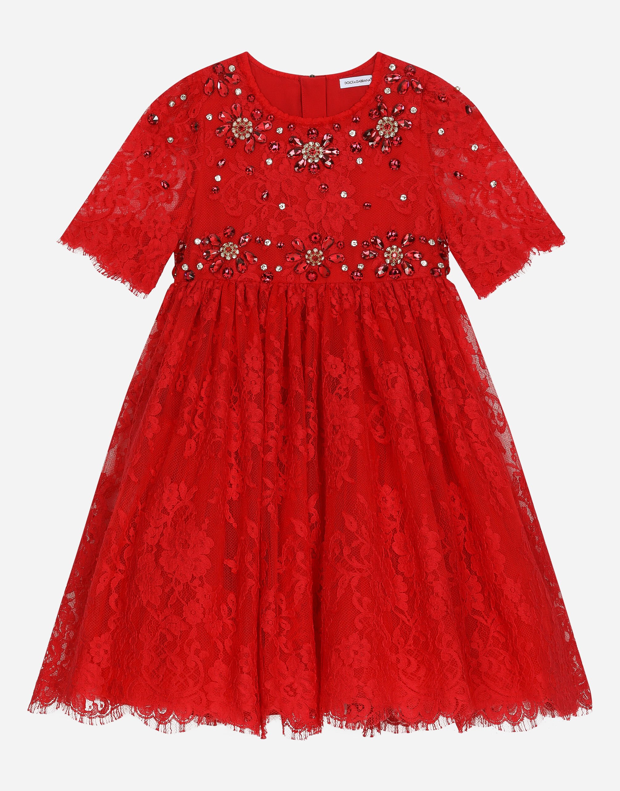Dolce & Gabbana Kleid aus Chantilly-Spitze mit Schmucksteinen SCHWARZ LB1A58G0U05