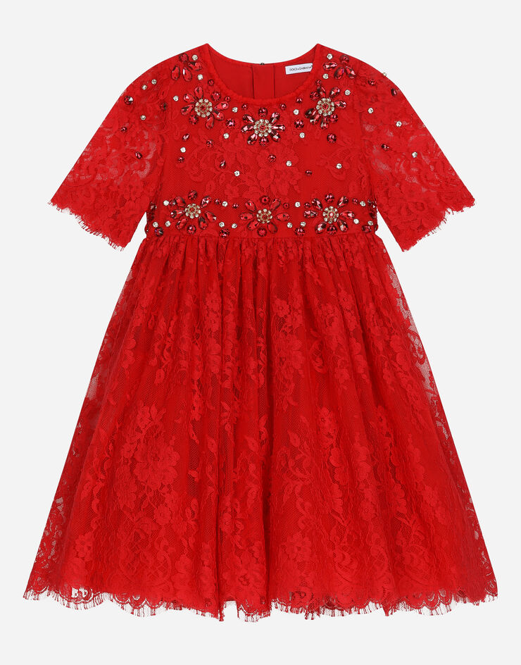 Dolce & Gabbana Kleid aus Chantilly-Spitze mit Schmucksteinen Rot L53DQ9G7K3M
