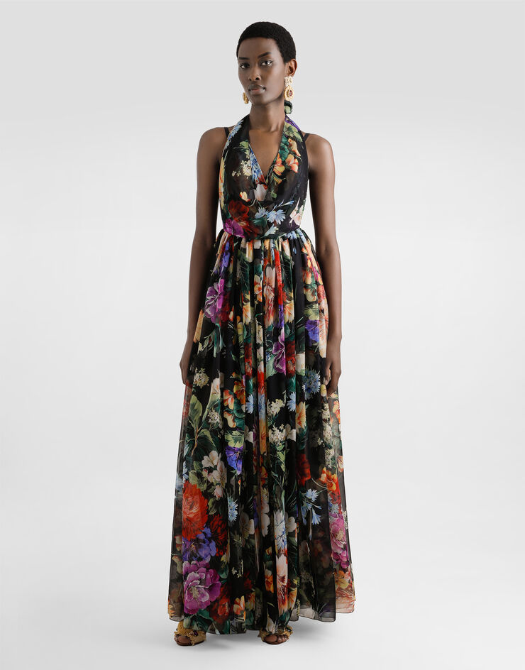 Dolce & Gabbana Langes Kleid aus Chiffon mit Blumenbouquet-Print Drucken F6ALPTIS1Y5