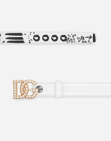 Dolce & Gabbana Polished calfskin belt with rhinestone-detailed DG logo White BE1550A1037