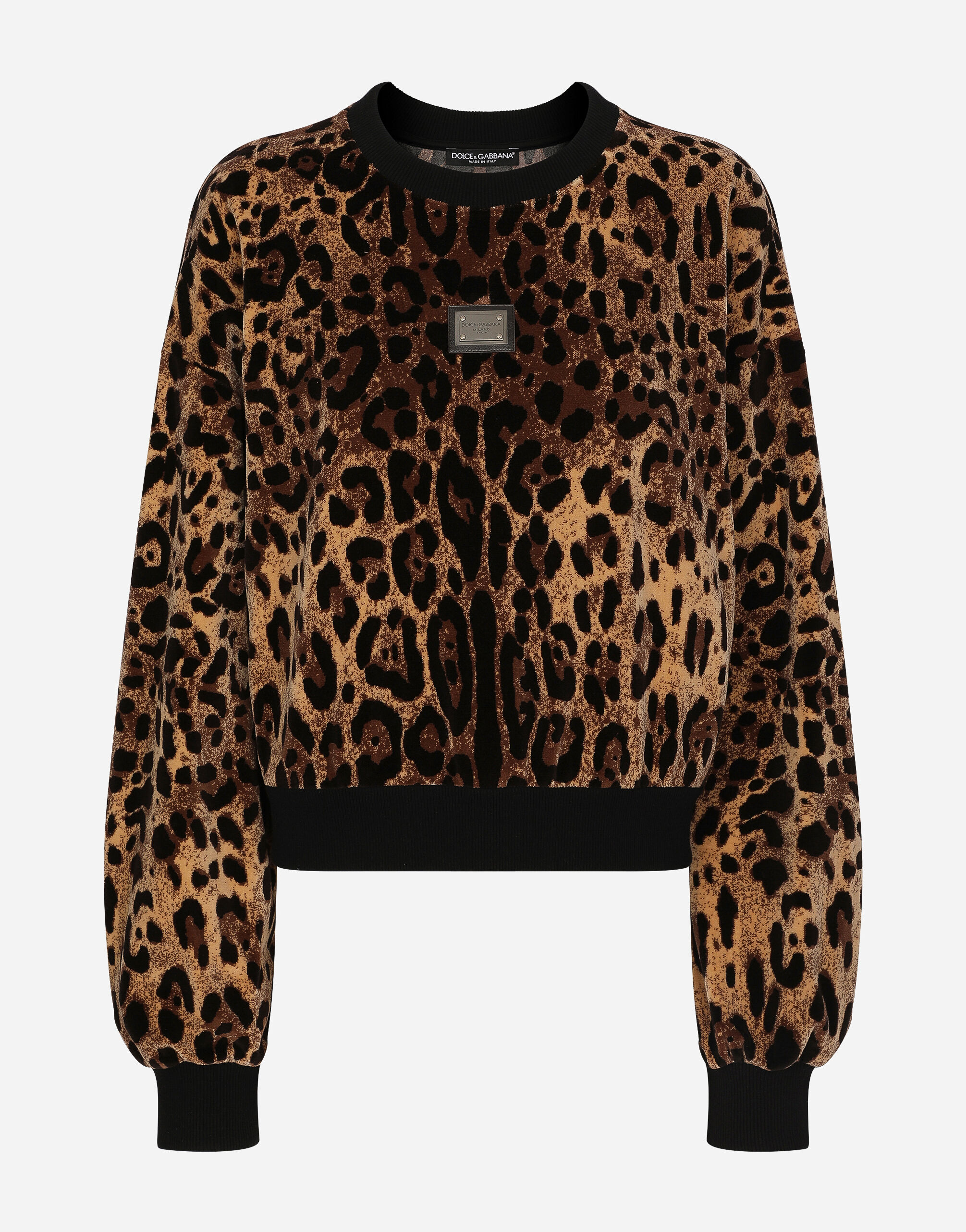 Round neck chenille sweatshirt with jacquard leopard design in
