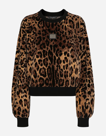 Dolce & Gabbana Sudadera de cuello redondo en jacquard de chenilla con motivo de leopardo Blanco F8T00ZGDCBT