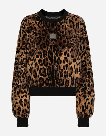 Dolce & Gabbana Sweat-shirt ras de cou en chenille jacquard léopard Blanc F8T00ZGDCBT