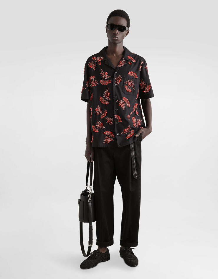Dolce & Gabbana Camisa de manga corta de algodón con bordado de corales Negro G5JH9ZFU6X8