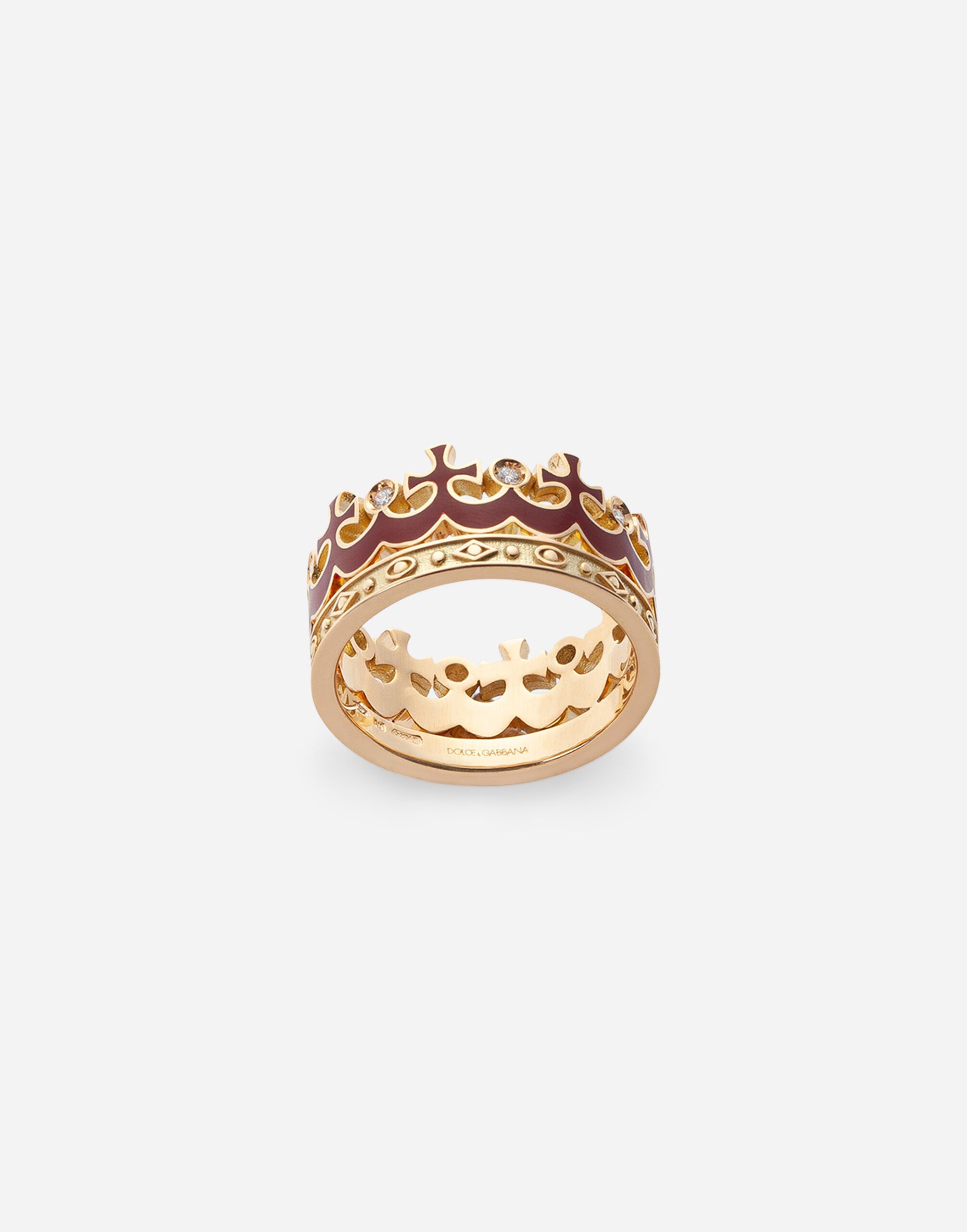 Crown yellow gold ring with burgundy enamel crown and diamonds in