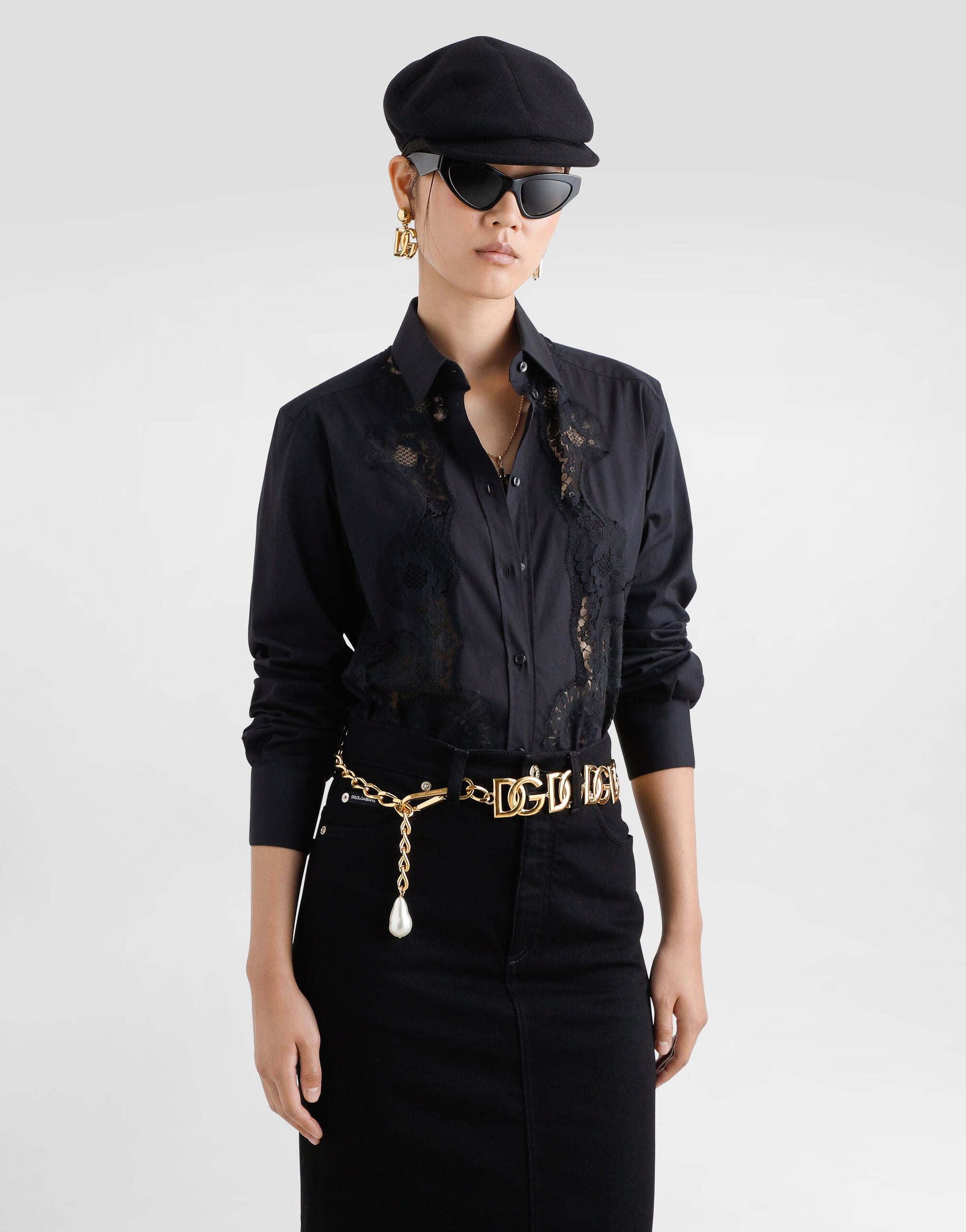 Cotton poplin shirt with lace inlay in Black for Women
