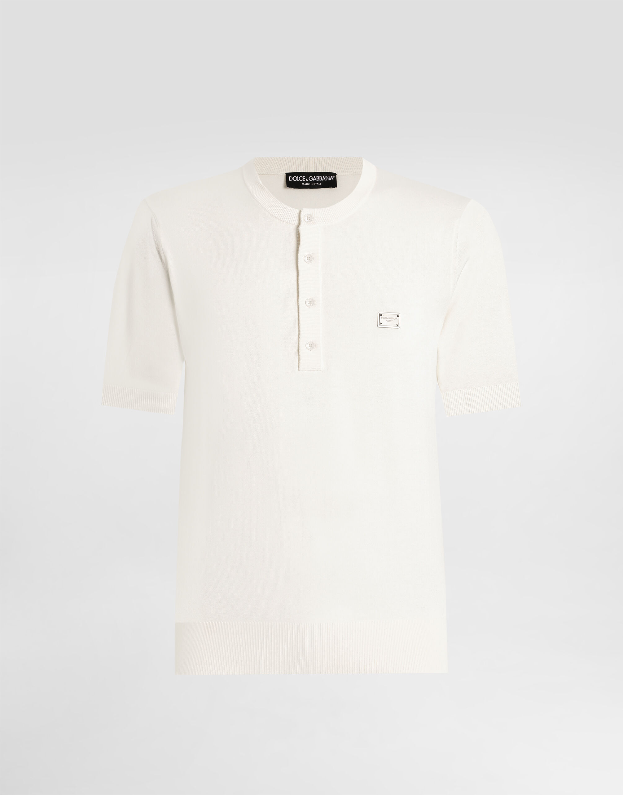 ホワイトのメンズ ロゴプレート コットン ラウンドネック セーター