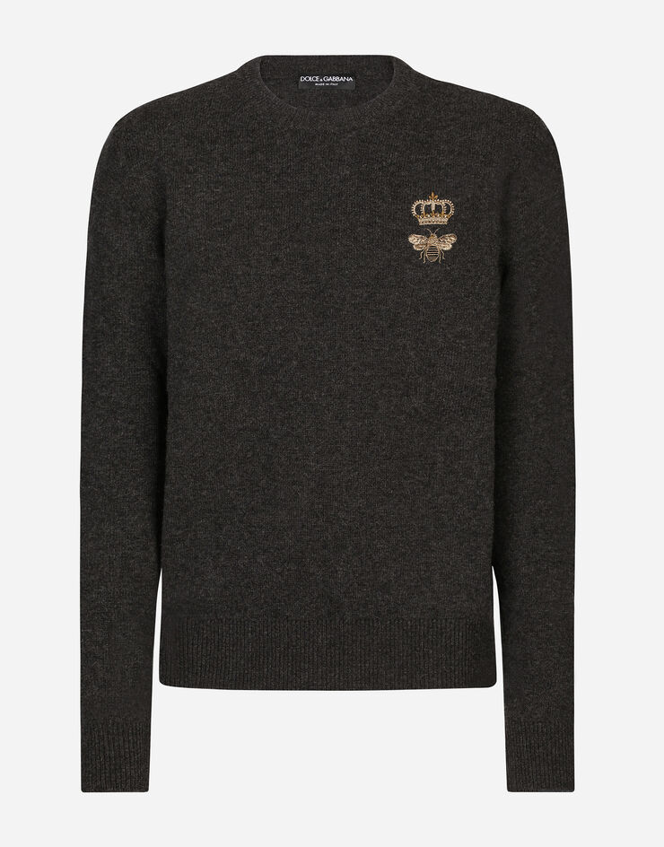 Dolce & Gabbana Round-neck wool sweater with embroidery Grey GXE63ZJBVB2