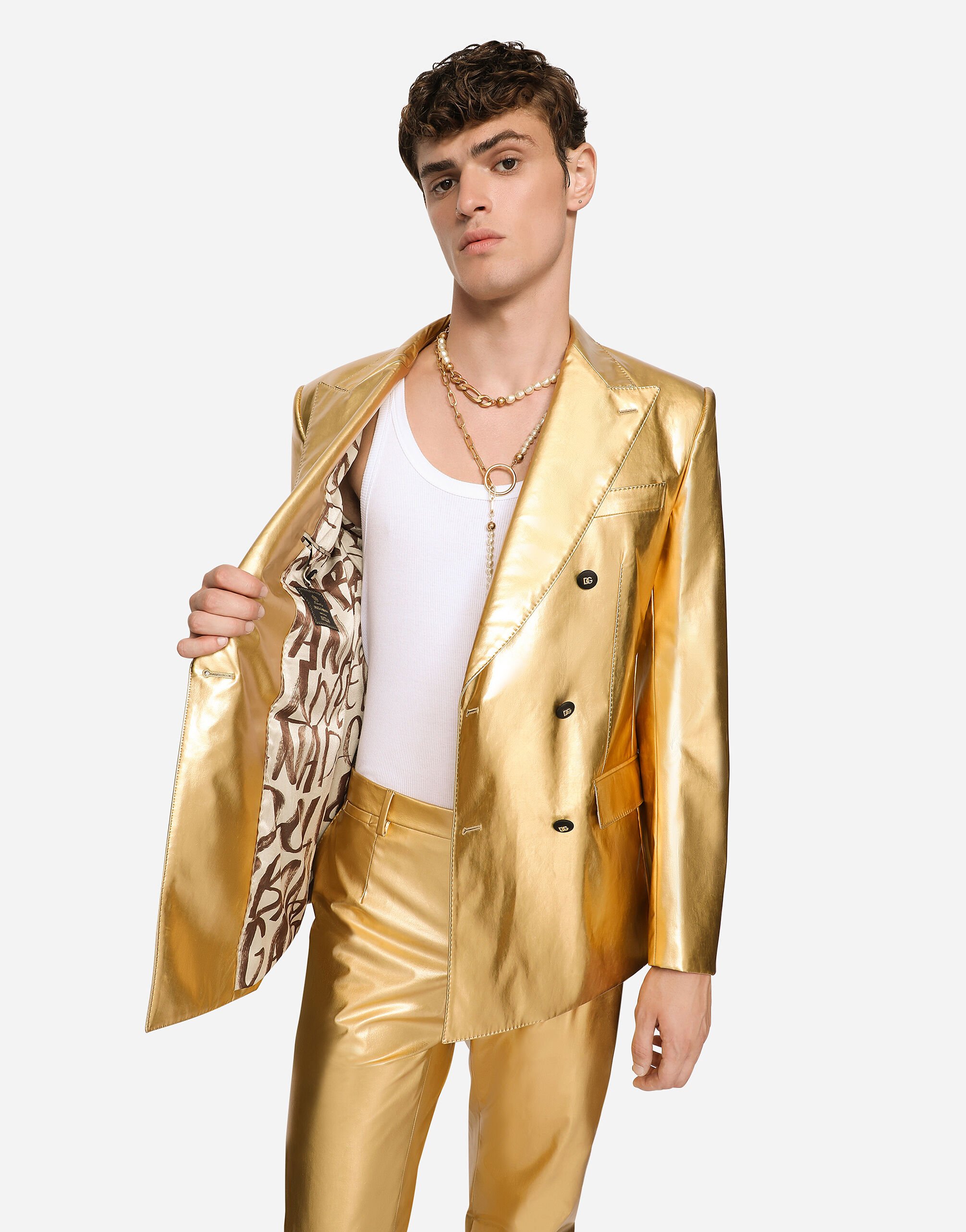 Double-breasted Sicilia suit in laminated fabric in Gold for Men
