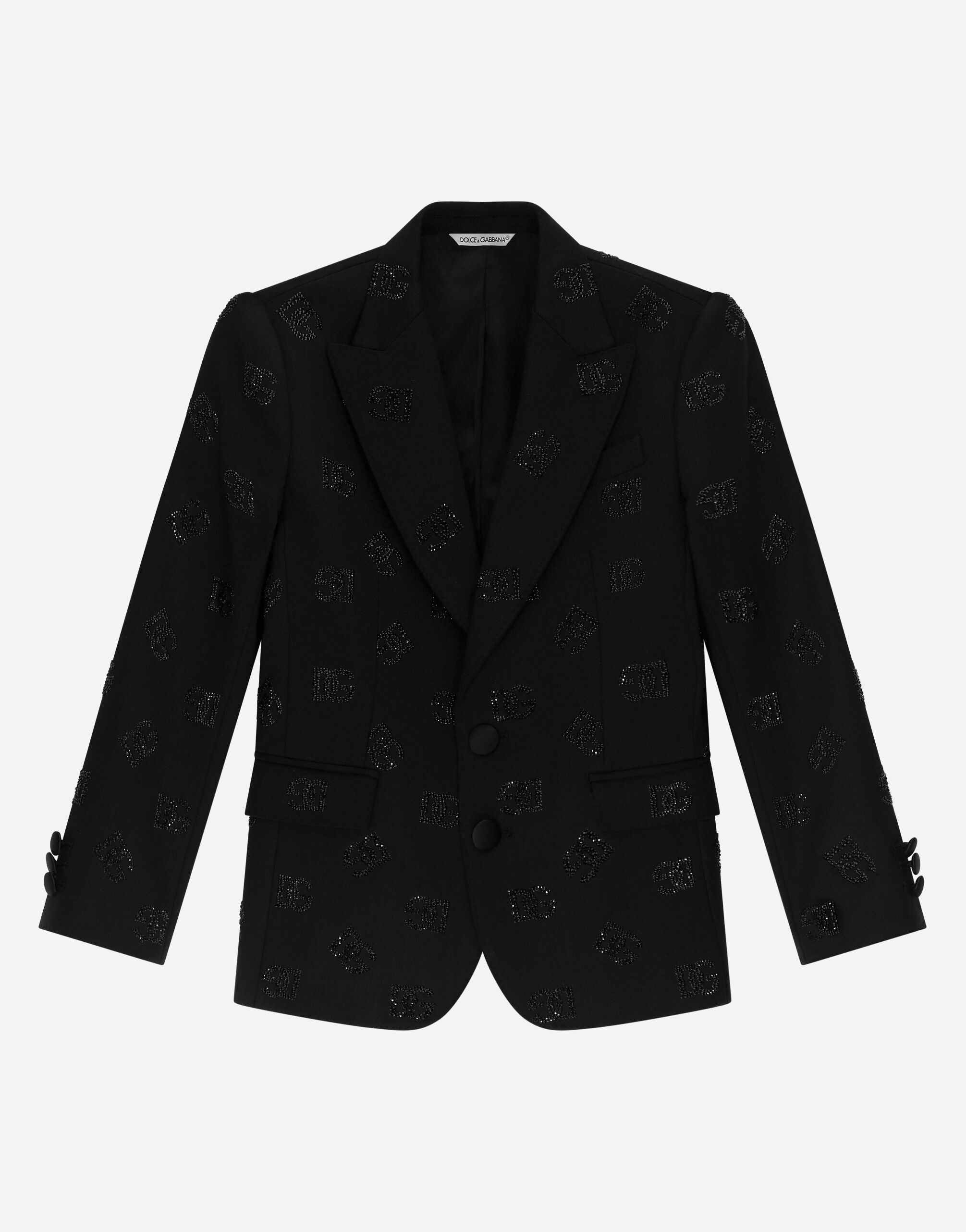 Dolce & Gabbana Classic wool two-button Sicilia-fit jacket with all-over fusible-rhinestone logo Azure L41E96FU4LH