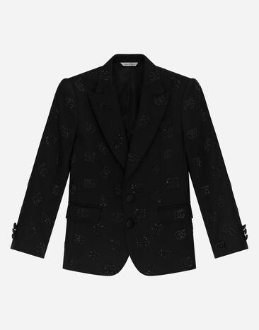 Dolce & Gabbana 올오버 열접착 라인스톤 로고 디테일 클래식 시칠리아 핏 투버튼 재킷 스카이블루 L41E96FU4LH