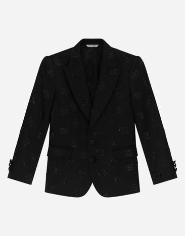 Dolce & Gabbana 올오버 열접착 라인스톤 로고 디테일 클래식 시칠리아 핏 투버튼 재킷 블루 L41J80FU9AQ
