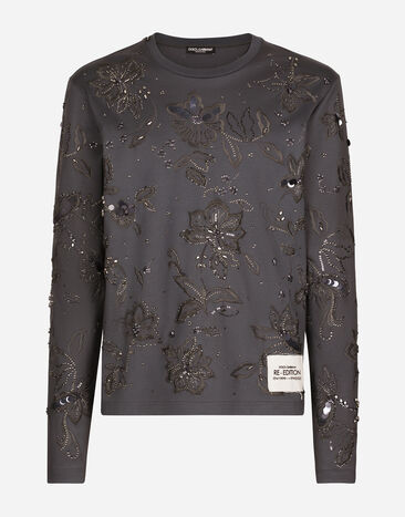 Dolce&Gabbana T-Shirt aus Baumwollinterlock mit Stickerei Grau G8QT0ZHU7H8