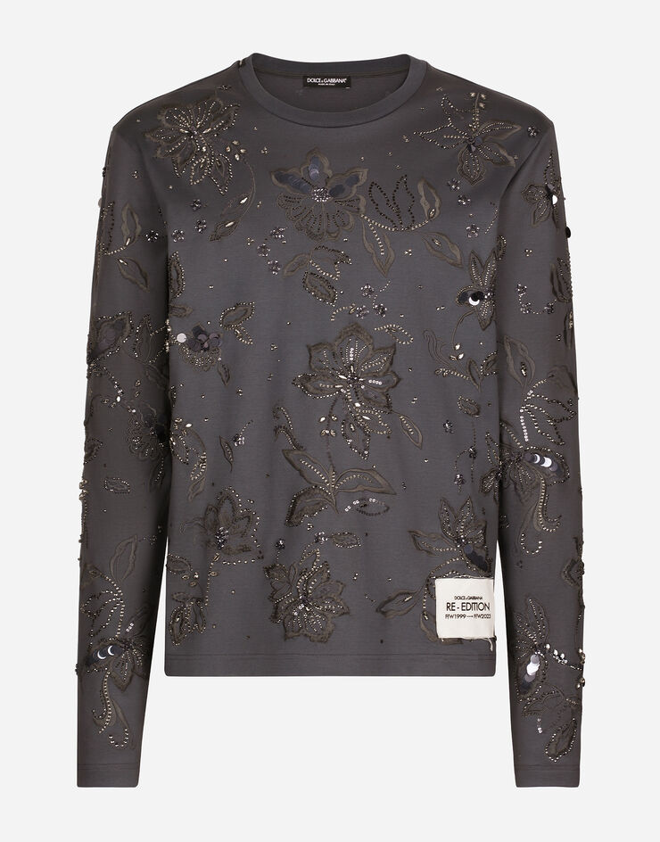 Dolce&Gabbana T-shirt in cotone interlock con ricamo Grigio G8QT0ZHU7H8