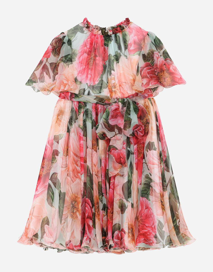 Camellia-print chiffon midi dress