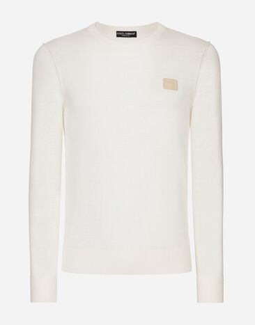 Dolce & Gabbana Jersey de cuello redondo de lino con placa con logotipo Blanco GXZ02TJBSJW