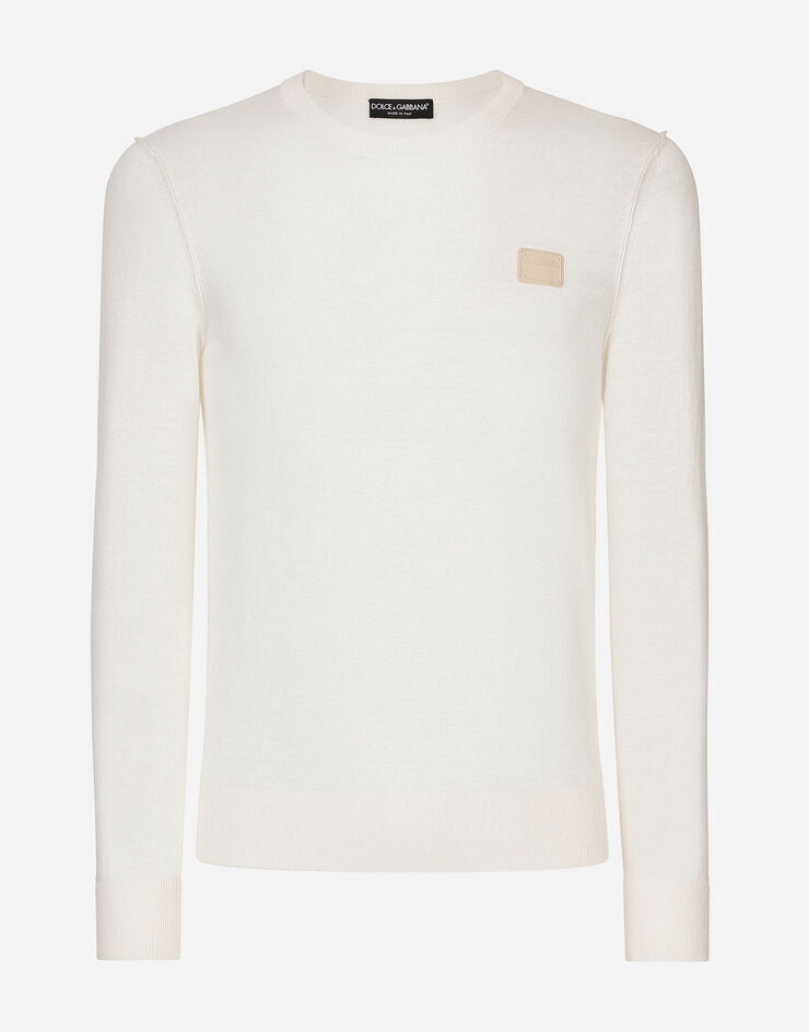 Dolce & Gabbana Linen round-neck sweater with branded tag White GXX02TJALAN