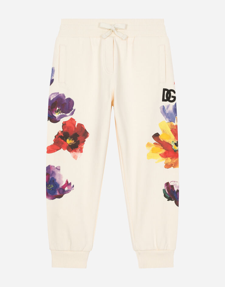 Dolce & Gabbana Jersey jogging pants with floral print Beige L5JPB1G7M3C