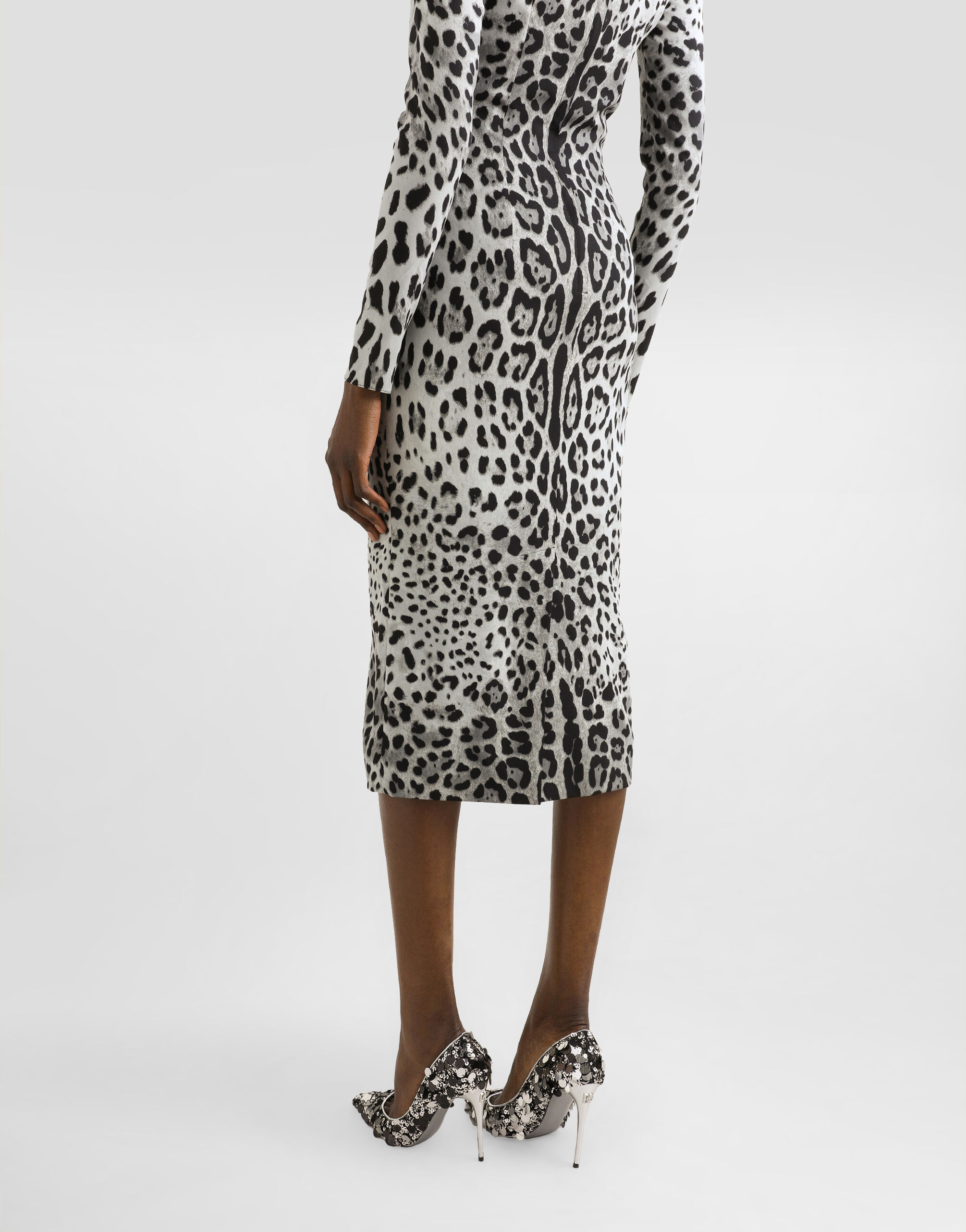 Charmeuse calf-length sheath dress with leopard print in Print for Women |  Dolce&Gabbana® US