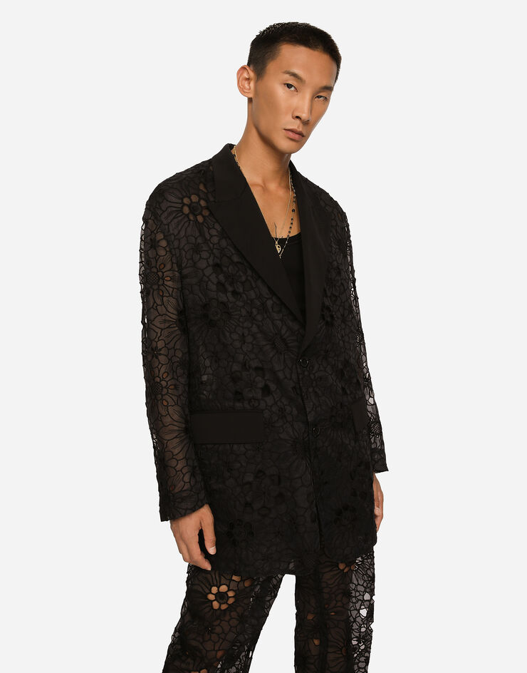 Dolce & Gabbana Oversize tailored single-breasted jacket in stretch broderie anglaise Black G2SF0THLMT3