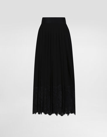 Dolce & Gabbana Calf-length circle skirt in pleated georgette with lace trims Black F4BFTTFUSNW