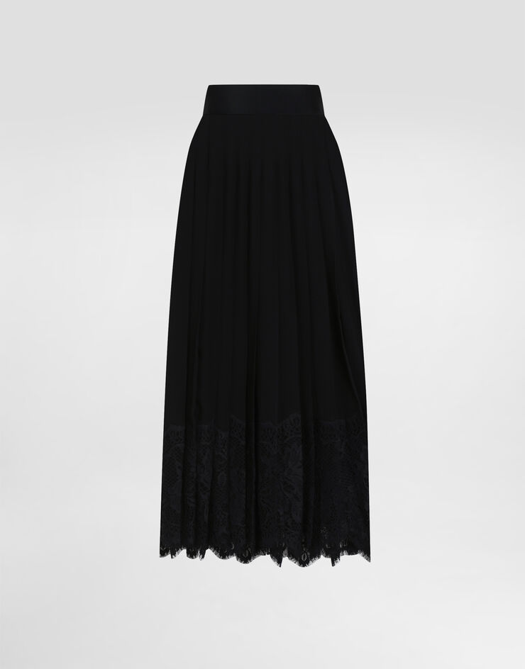 Dolce & Gabbana Calf-length circle skirt in pleated georgette with lace trims Black F4BFTTFUSNW